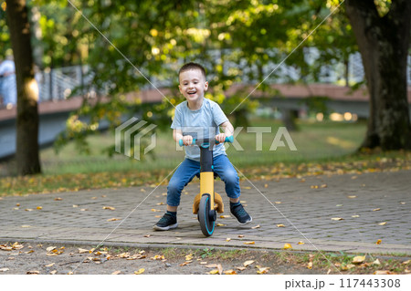 A cute smiling toddler boy of three or four years old rides a bicycle or balance bike in a city park on a sunny summer day. Toddlerhood and childhood concept. Selective focus 117443308