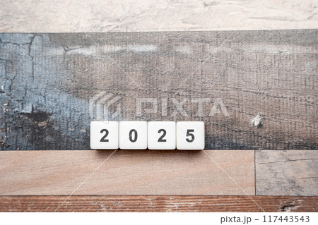 Blocks with the inscription 2025. Setting goals and objectives for the new year. Planning, business management and strategy concept. Trends and ideas. Vision. 117443543