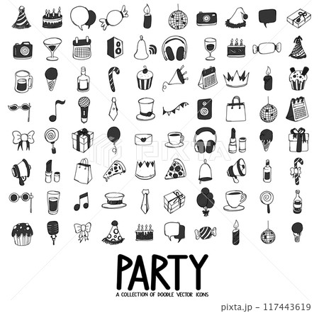 Party Related Doodle vector icon set. Drawing sketch illustration hand drawn line eps10 117443619