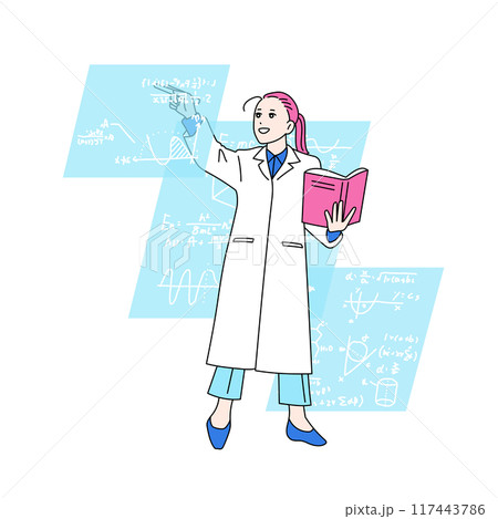本を片手に数式を書く女性のイラスト　論理学者 117443786
