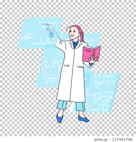 Illustration of a woman writing mathematical formulas with a book in hand - logician 117443786