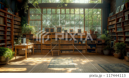 Study room working area with table and book shelf at home interior design modern Scandinavian style 117444113