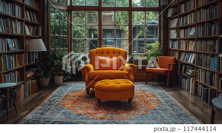 Study room with comfortable sofa and book shelf at home interior design modern Scandinavian style 117444114