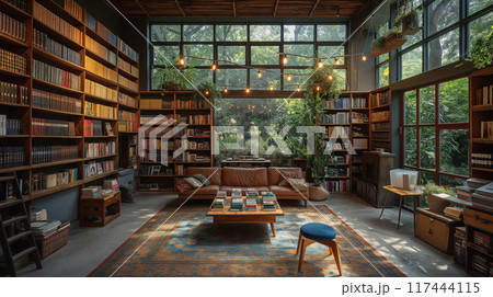 Study room with comfortable sofa and book shelf at home interior design modern Scandinavian style 117444115