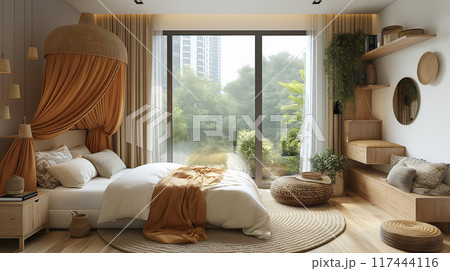 modern bedroom interior design Scandinavian style, light wood and wooden floor with garden view relaxation 117444116