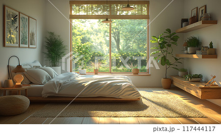 modern bedroom interior design Scandinavian style, light wood and wooden floor with garden view relaxation 117444117