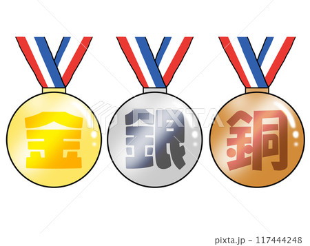 金メダルと銀メダルと銅メダルのイラスト（文字） 117444248