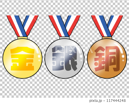 金メダルと銀メダルと銅メダルのイラスト（文字） 117444248