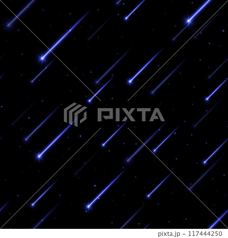 Seamless meteor rain, shooting stars background. Bright, streaking lights falling from the sky. 117444250
