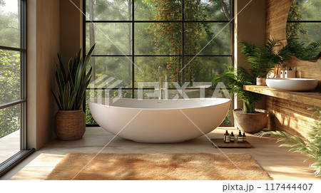 Modern bathroom with bathtubs and lavatory in interior design Scandinavian style 117444407