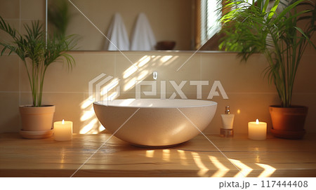 Closeup lavatory in bathroom with hand soap and candle interior design Scandinavian style light wood with garden view relaxation 117444408