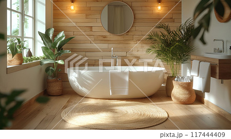 Modern bathroom with bathtubs and lavatory in interior design Scandinavian style 117444409