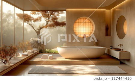 Bathroom Spa and Onsen with bathtubs and lavatory in interior design Japanese style 117444410