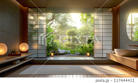 Bathroom with outdoor pool, Spa and Onsen and lavatory in interior design Japanese style light 117444411