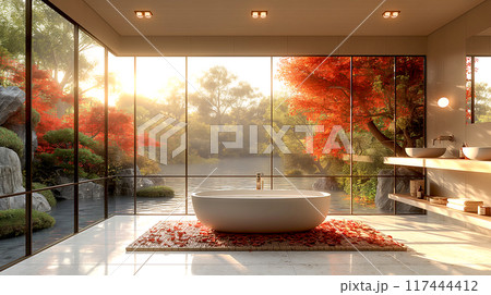 Bathroom Spa and Onsen with bathtubs and lavatory in interior design Japanese style light wood with garden view in autumn 117444412