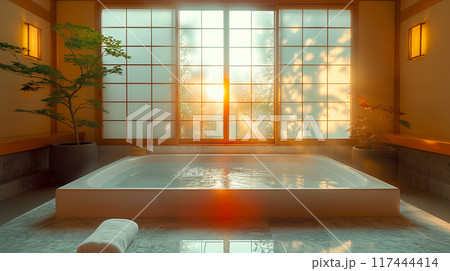 Vintage Bathroom with pool, Spa and Onsen and lavatory in interior design Japanese style 117444414