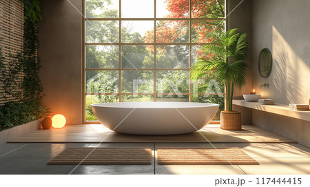 Modern bathroom with bathtubs and lavatory in interior design Scandinavian style light wood 117444415
