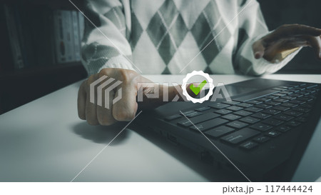 Quality assurance from businesswoman show the symbol, excellent warranty, world standard, ISO certification, development and improve the quality of the organization concept 117444424