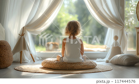 A little kid boy or girl is meditating while sitting in the room at home indoor with garden view 117444576