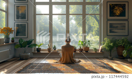 A young woman is meditating while sitting in the room at home indoor with beautiful nature garden and lake view A young woman is meditating while sitting in the room at home indoor with beautiful nature garden and lake view 117444592
