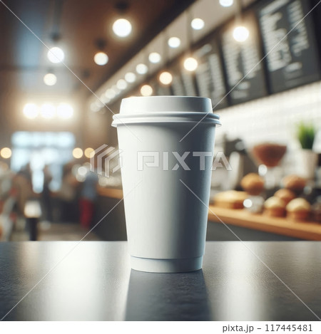 Vibrant Takeaway Cup in Various Colors with a Blurred Coffee Shop Background for Mockup and Branding Use 117445481