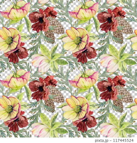 Poppy anemone flower, spruce fir tree cones, juniper branches. Watercolor hand drawn illustration seamless pattern isolated on white. Xmas, happy new year festive, noel navidad holiday. Paper, textile Poppy anemone flower, spruce fir tree cones, juniper branches. Watercolor hand drawn illustration seamless pattern isolated on white. Xmas, happy new year festive, noel navidad holiday. Paper, textile 117445524