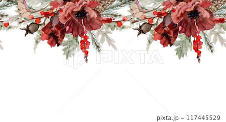 Poppy anemone flower, spruce fir tree branches cones, berries. Watercolor hand drawn illustration, seamless banner isolated on white. Xmas, happy new year festive, noel navidad holiday. Cards, gifts. Poppy anemone flower, spruce fir tree branches cones, berries. Watercolor hand drawn illustration, seamless banner isolated on white. Xmas, happy new year festive, noel navidad holiday. Cards, gifts. 117445529