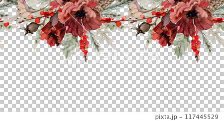 Poppy anemone flower, spruce fir tree branches cones, berries. Watercolor hand drawn illustration, seamless banner isolated on white. Xmas, happy new year festive, noel navidad holiday. Cards, gifts. Poppy anemone flower, spruce fir tree branches cones, berries. Watercolor hand drawn illustration, seamless banner isolated on white. Xmas, happy new year festive, noel navidad holiday. Cards, gifts. 117445529