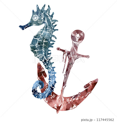 Watercolor and ink hand drawn marine life, sea ocean underwater creatures. fish, shells algae seaweed. Composition illustration, stylized, isolated on white. For zoo shop, aquarium, cosmetics, resort Watercolor and ink hand drawn marine life, sea ocean underwater creatures. fish, shells algae seaweed. Composition illustration, stylized, isolated on white. For zoo shop, aquarium, cosmetics, resort 117445562