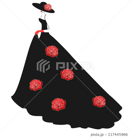 A girl in a hat and a long black dress with red peonies. 117445966