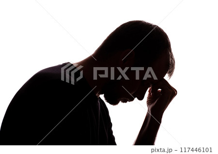 Sad man young unshaven business clothes silhouette - white background isolate 117446101