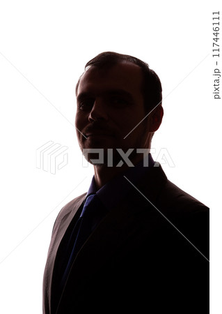 Smiling man young unshaven business clothes silhouette - white background isolate 117446111