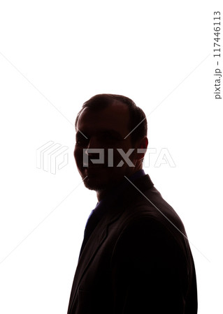 Smiling man young unshaven business clothes silhouette - white background isolate Smiling man young unshaven business clothes silhouette - white background isolate 117446113
