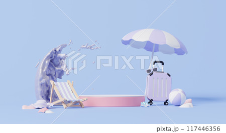 3D render, Summer concept elements with Display podium for product showing and advertising on pastel purple background. 117446356