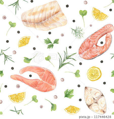 Grilled red and white fish fillet and steaks, shrimp and garnishes. Seamless pattern of seafood, herbs, lemon. Flavorful rosemary, parsley, dill, white and black peppercorns. Watercolor illustration Grilled red and white fish fillet and steaks, shrimp and garnishes. Seamless pattern of seafood, herbs, lemon. Flavorful rosemary, parsley, dill, white and black peppercorns. Watercolor illustration 117446428