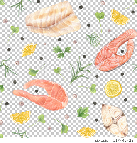 Grilled red and white fish fillet and steaks, shrimp and garnishes. Seamless pattern of seafood, herbs, lemon. Flavorful rosemary, parsley, dill, white and black peppercorns. Watercolor illustration Grilled red and white fish fillet and steaks, shrimp and garnishes. Seamless pattern of seafood, herbs, lemon. Flavorful rosemary, parsley, dill, white and black peppercorns. Watercolor illustration 117446428