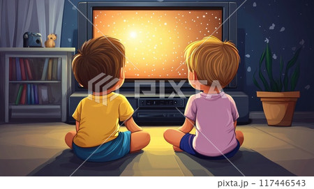 little children look tv in childs room illustration 117446543