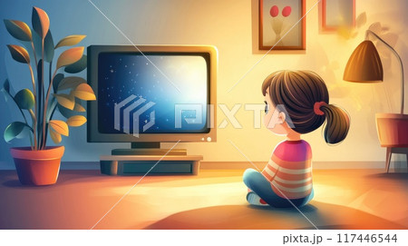 little girl look tv in childs room illustration 117446544