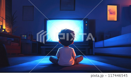 little boy look tv in childs room illustration 117446545