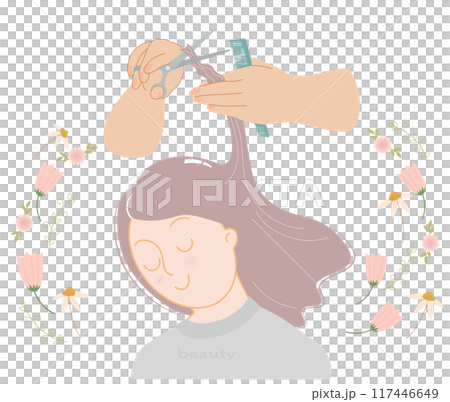 A hairdresser/barber cutting a customer's hair with scissors 117446649