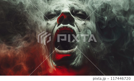 Ghostly face with an open mouth screaming in the darkness. Spooky Halloween themed design or mysterious horror themed project 117446720