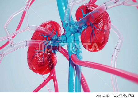 A close up of a pair of kidneys with red and orange blood vessels with Generative AI A close up of a pair of kidneys with red and orange blood vessels with Generative AI 117446762