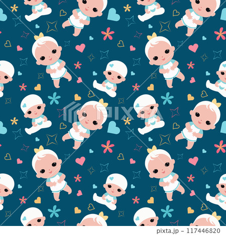 Baby pattern. Seamless pattern with baby, hearts, stars and flowers. Children's pattern for printing	 117446820