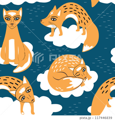 Cute stylish little foxes on sky clouds. Baby seamless pattern for posters, fabric prints and postcards. Vector Cute stylish little foxes on sky clouds. Baby seamless pattern for posters, fabric prints and postcards. Vector 117446839