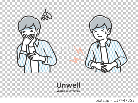 一名有腹痛和嘔吐症狀的年輕人的插圖 117447355