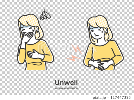 腹痛、嘔吐の症状の若い女性イラスト 腹痛、嘔吐の症状の若い女性イラスト 117447356