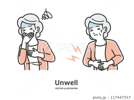腹痛、嘔吐の症状の年配の女性イラスト 117447357