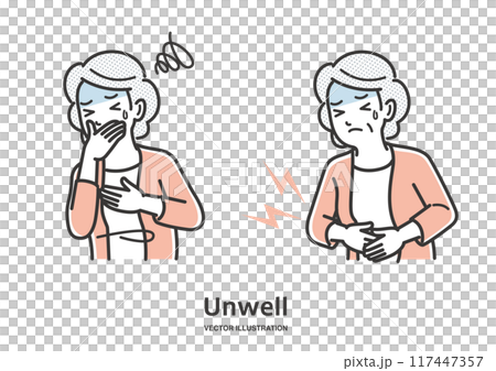腹痛、嘔吐の症状の年配の女性イラスト 117447357