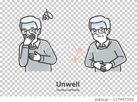 腹痛、嘔吐の症状の年配の男性イラスト 腹痛、嘔吐の症状の年配の男性イラスト 117447358