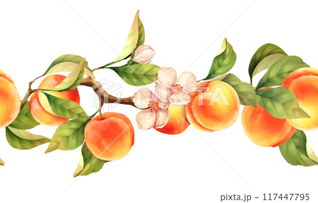 Hand-drawn pattern, seamless fruit border of peaches and leaves. 117447795